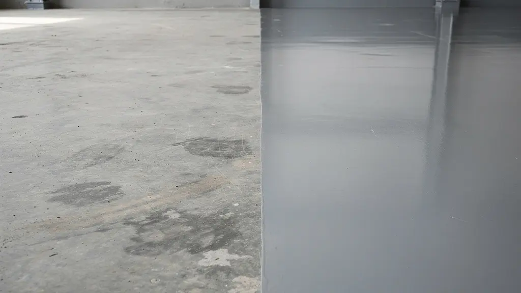 Comparaison visuelle entre un plancher commercial usé et un revêtement époxy fraîchement installé