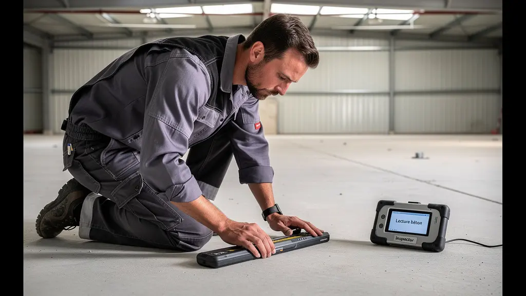 Spécialiste en revêtements inspectant l'état d'un support béton dans un local commercial